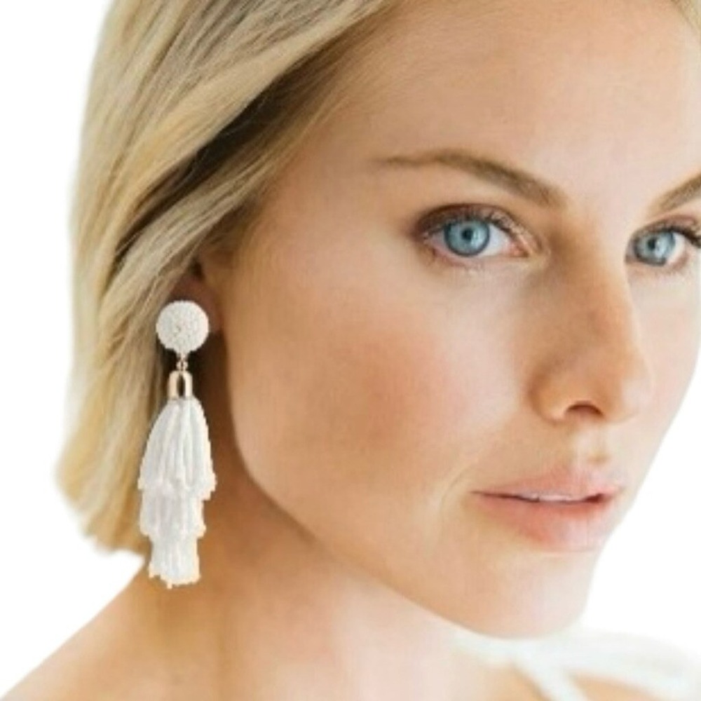 PANACEA White Beaded Tassel Earrings‎ Statement Dangle Boho Chic NWT MSRP $55